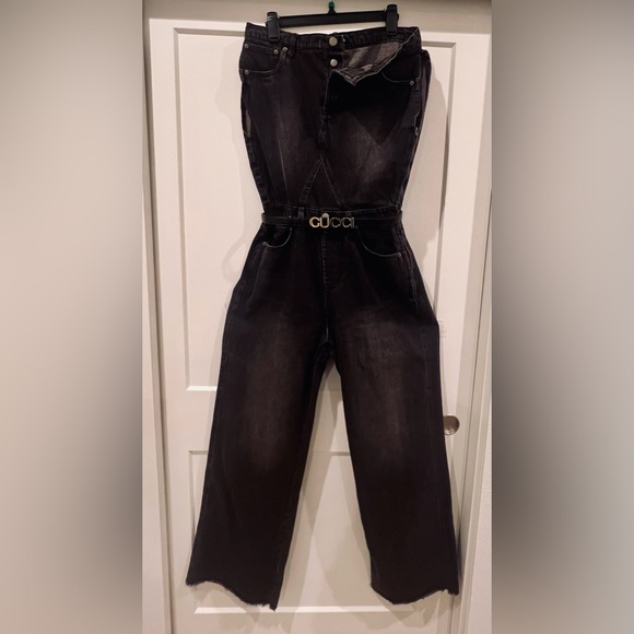 Fashion Nova Black Strapless Denim Jumpsuit | Wide Leg | Raw Hem | Size Medium - Picture 2 of 6
